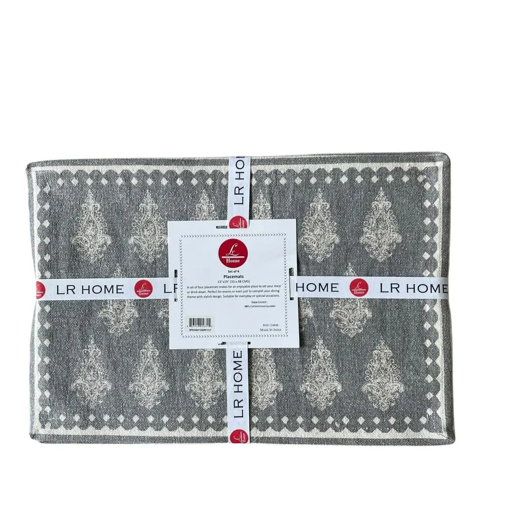 LR HOME Damask Print Placemats 13x19 Cotton Gray & Cream Set of 4 NEW